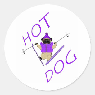 Hot Dog Funny Skiing Pug Purple Jacket and Skis Classic Round Sticker