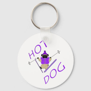 Hot Dog Funny Skiing Pug Purple Jacket and Skis Key Ring