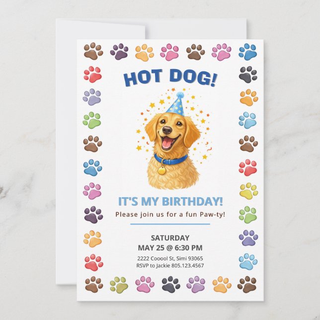 Hot Dog It’s My Birthday, Puppy Paw-ty  Invitation (Front)