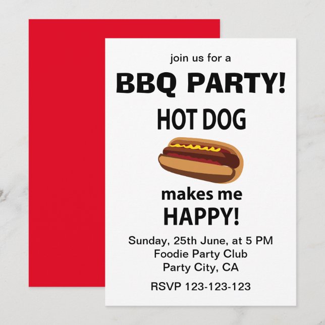 Hot Dog Makes Me Happy Hot Dog BBQ Party Invitation (Front/Back)