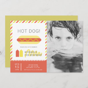 HOT DOG! Modern Red & Yellow Kids Photo Birthday Invitation