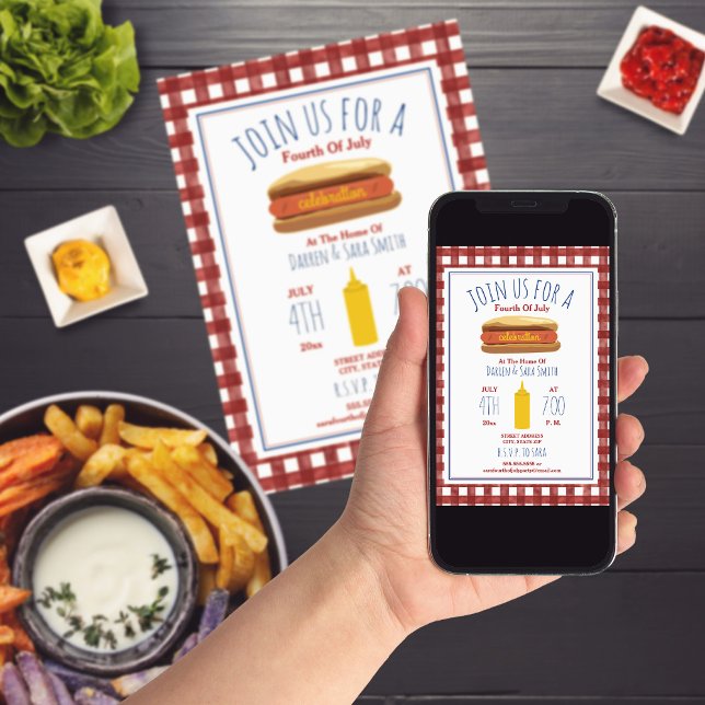 Hot Dog Mustard Red Gingham 4th of July Party Invitation (Creator Uploaded)