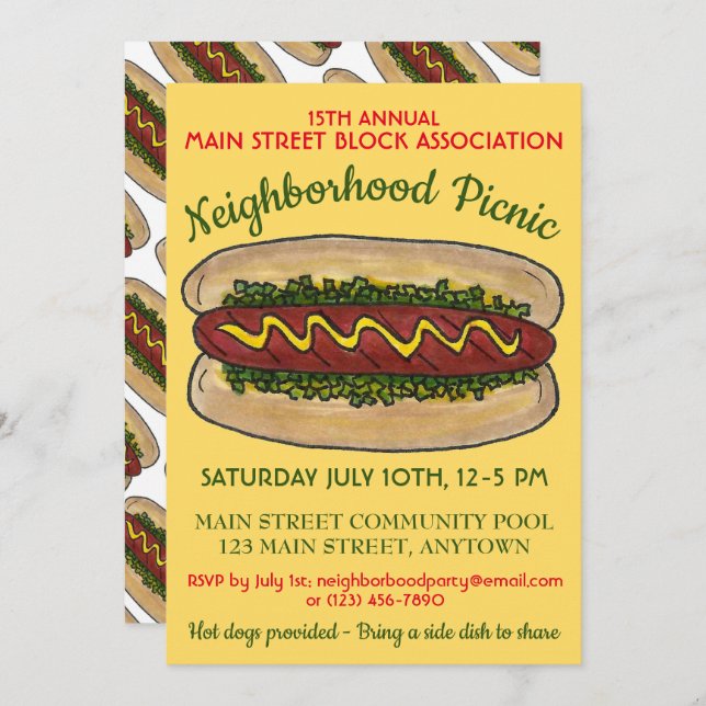 Hot Dog Neighbourhood Reunion Picnic Cookout Party Invitation (Front/Back)