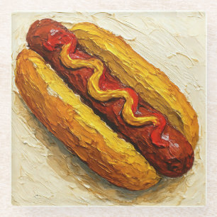 Hot Dog Oil Painting (#1) Glass Coaster