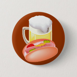 Hot dog on a bun and beer with all the fixin's 6 cm round badge