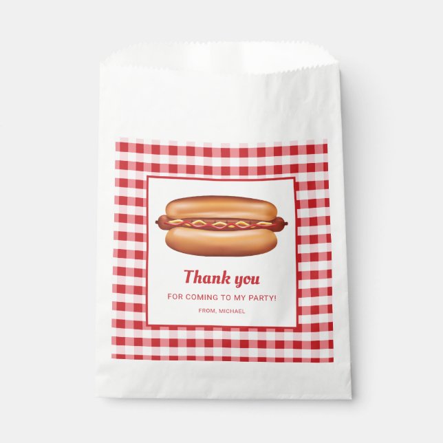 Hot Dog On Red Gingham Birthday Thank You Favour Bag (Front)