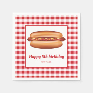 Hot Dog On Red Gingham Pattern Happy Birthday Napkin