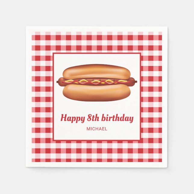 Hot Dog On Red Gingham Pattern Happy Birthday Napkin (Front)