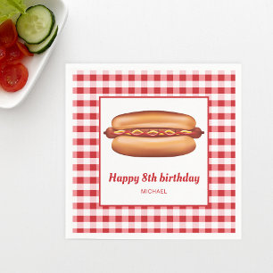 Hot Dog On Red Gingham Pattern Happy Birthday Napkin