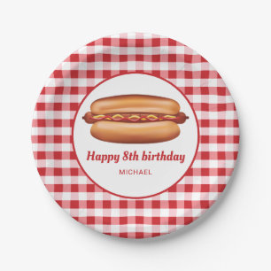 Hot Dog On Red Gingham Pattern Happy Birthday Paper Plate