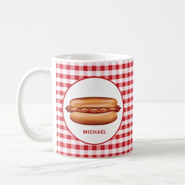 Hot Dog On Red Gingham With Custom Text Coffee Mug (Left)