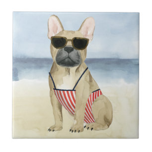 Hot Dog   Puppy In Sunglasses At The Beach Ceramic Tile