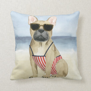 Hot Dog   Puppy In Sunglasses At The Beach Cushion