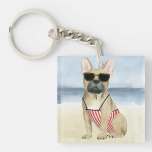 Hot Dog   Puppy In Sunglasses At The Beach Key Ring