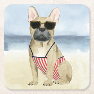 Hot Dog   Puppy In Sunglasses At The Beach Square Paper Coaster