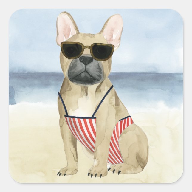 Hot Dog | Puppy In Sunglasses At The Beach Square Sticker (Front)