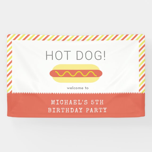 HOT DOG! Red Yellow Stirpes Modern Birthday Banner (Horizontal)