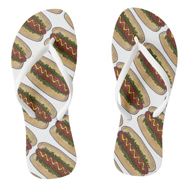 Hot Dog w/ Mustard and Relish Foodie Hotdog Print Thongs (Footbed)