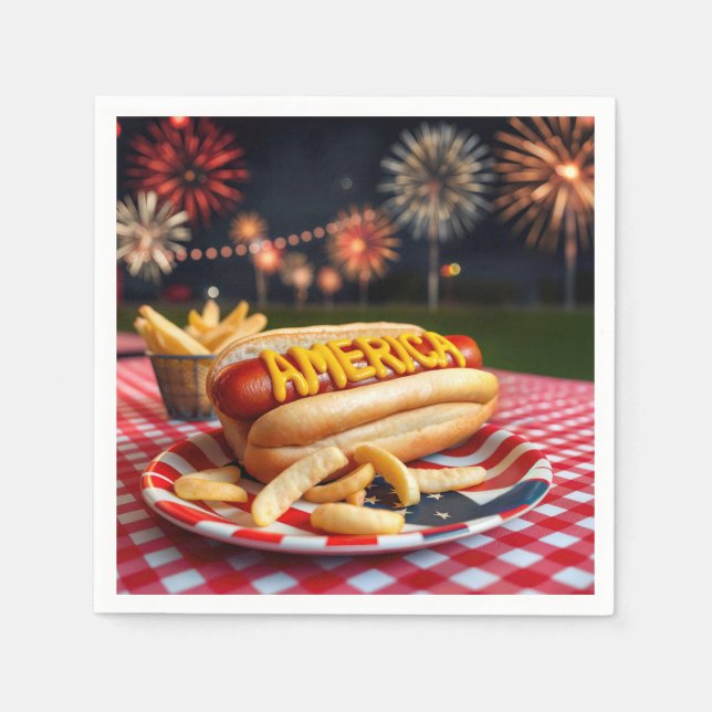 Hot Dog With America Text and Fireworks Napkin (Front)