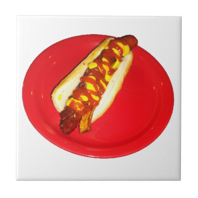 Hot Dog with Ketchup and Mustard Ceramic Tile (Front)