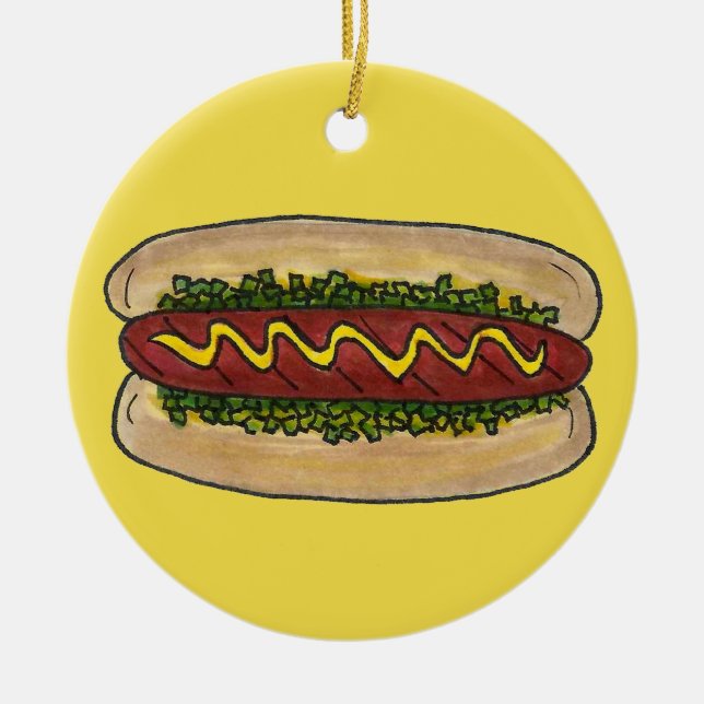 Hot Dog with Mustard and Relish Cookout Hotdog Ceramic Ornament (Front)
