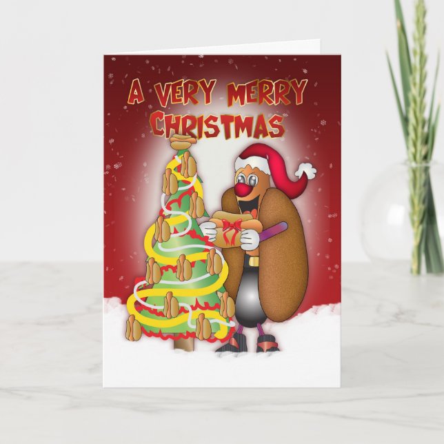 Hot Dogs, Onions, Bun, Christmas Card - Santa Hot (Front)