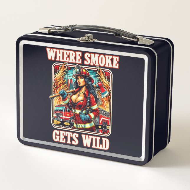 Hot Firefighter Pin-Up Girl - Bold & Fiery Metal Lunch Box (Front)