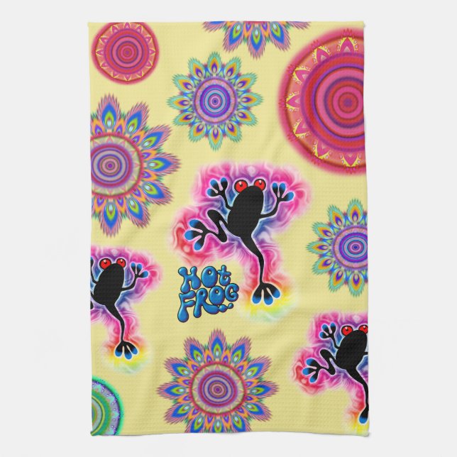 Hot Frog Surf psychedelic BoHo kitchen towel. 2 Tea Towel (Vertical)