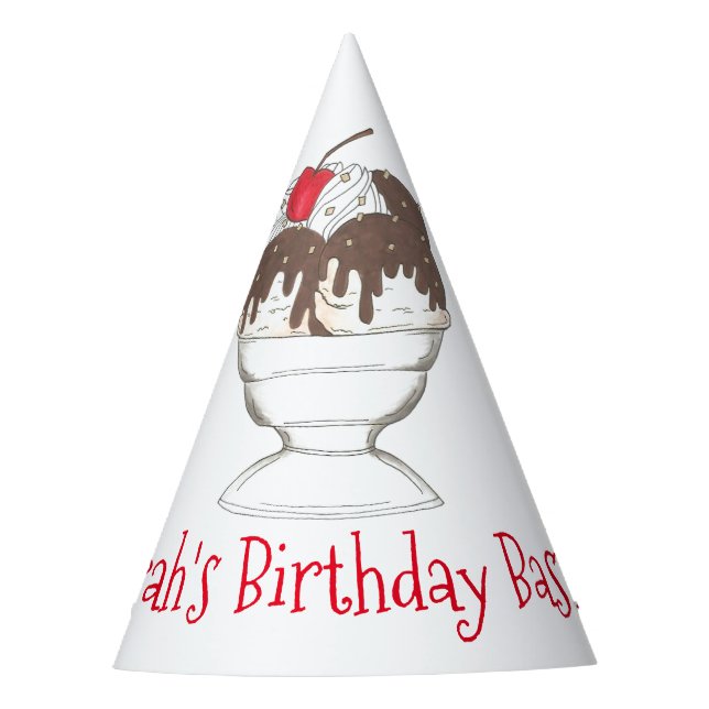 Hot Fudge Ice Cream Sundae Personalised Birthday Party Hat (Front)