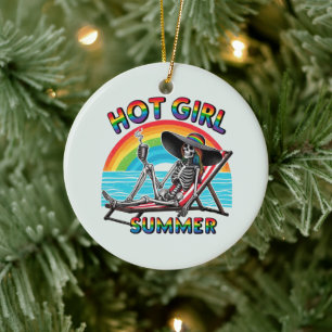 Hot Girl Summer Skeleton Retro Beach Design Ceramic Ornament
