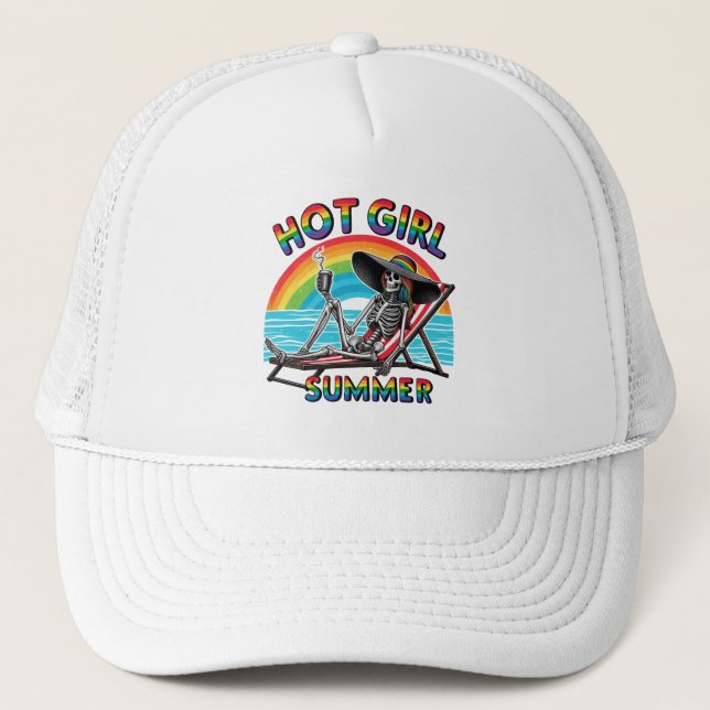 Hot Girl Summer Skeleton Retro Beach Design Trucker Hat (Front)