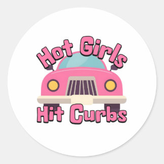 Hot Girls Hit Curbs Funny Pink Car Classic Round Sticker