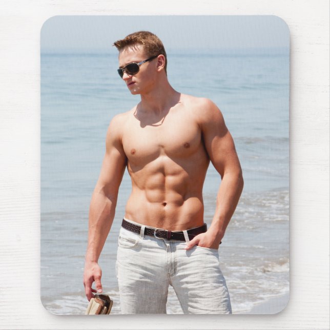 Hot Guy Bare Chest Muscular Abs Beach Shirtless Mouse Pad (Front)