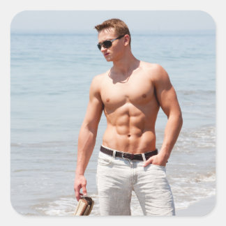 Hot Guy Bare Chest Muscular Abs Beach Shirtless Square Sticker
