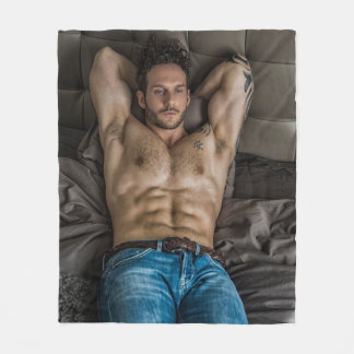 Hot Guy Hairy Chest Shirtless Stud Jeans Bed Fleece Blanket