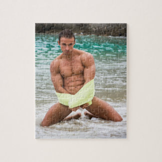 Hot Guy Kneels In Water Sexy Shirtless Muscle Man Jigsaw Puzzle