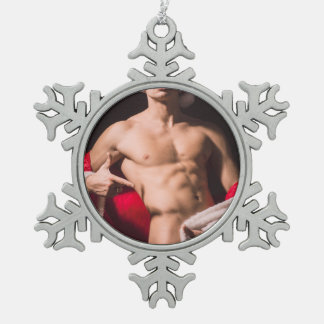 Hot Guy Poses Sexy Shirtless Santa Outfit Snowflake Pewter Christmas Ornament