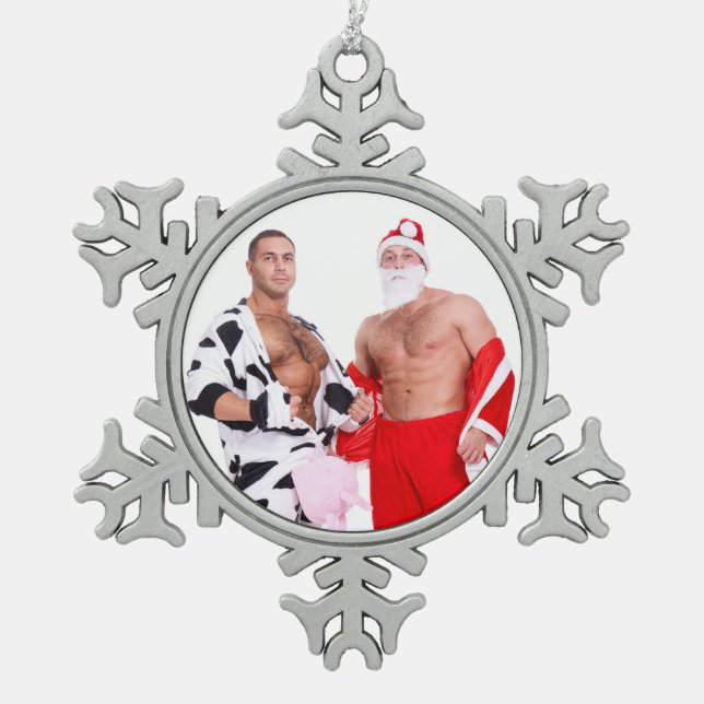 Hot Guys Muscular Men Santa Outfit Funny Christmas Snowflake Pewter Christmas Ornament (Front)