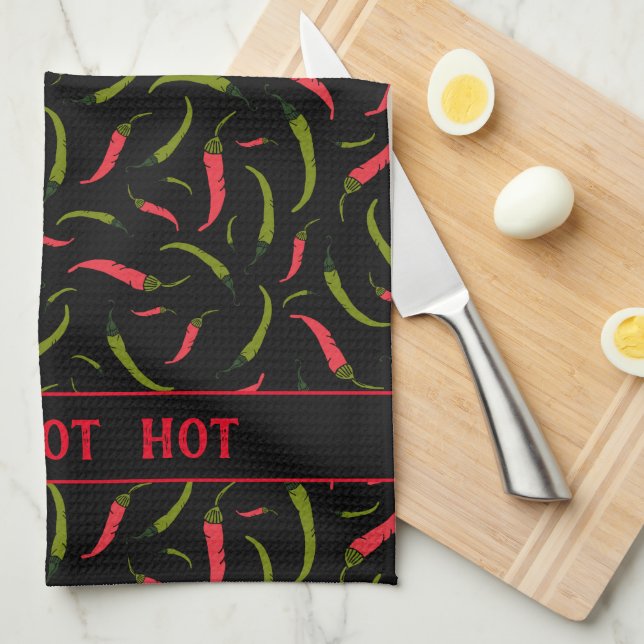 HOT HOT HOT Chilli Peppers Pattern on Black Tea Towel (Quarter Fold)
