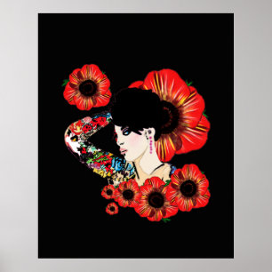 Hot inked girl ART BY LeahG Poppy flower red black Poster
