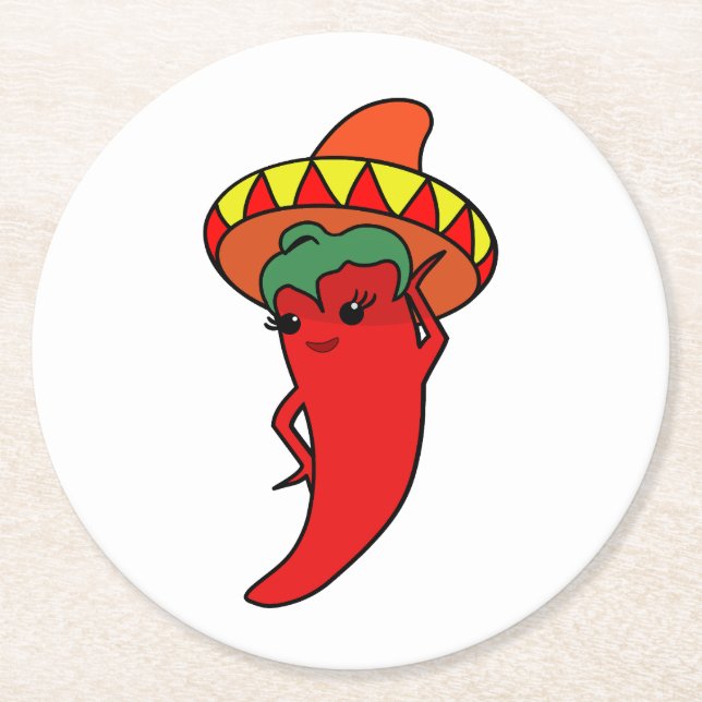Hot Kawaii Pepper Diva Round Paper Coaster (Front)