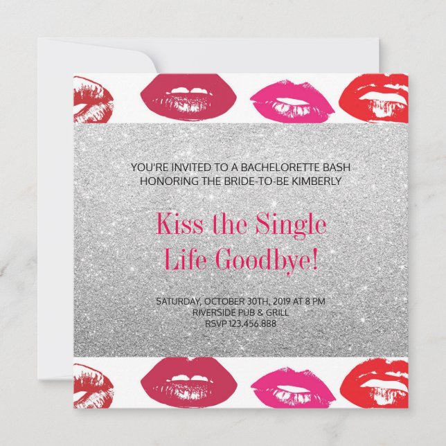 Hot Kisses Silver Modern Chic Bachelorette Party Invitation (Front)