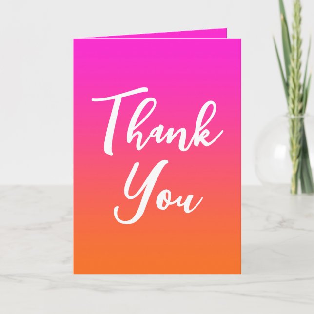 Hot Magenta Pink and Bright Orange Ombre Thank You Card (Front)