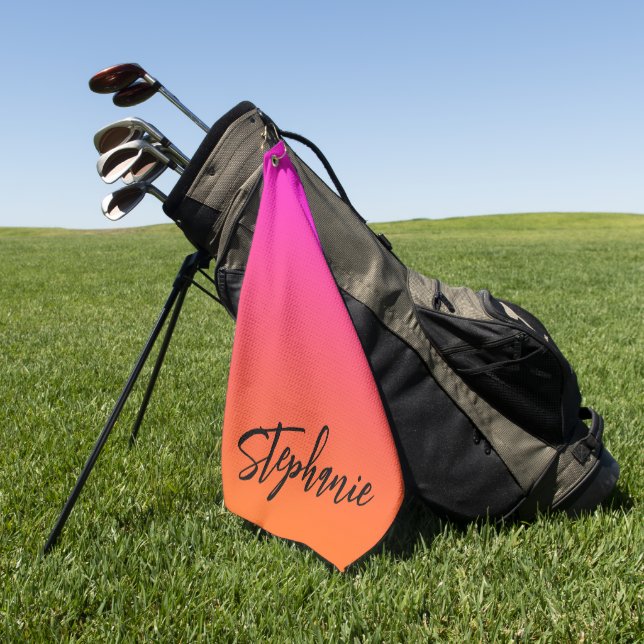 Hot Magenta Pink Bright Orange Ombre Script Name Golf Towel (Green)