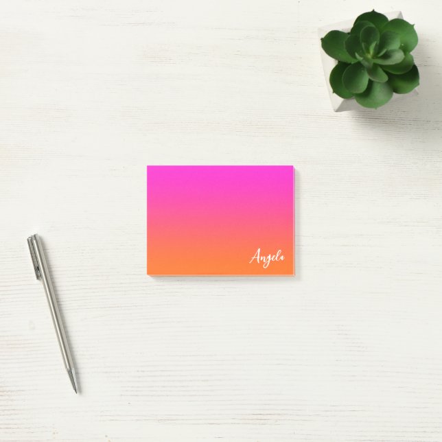 Hot Magenta Pink Bright Orange Ombre Script Name Post-it Notes (Office)