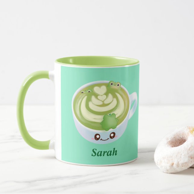 Hot Matcha Green Tea Latte With Cute Frogs Mug (With Donut)
