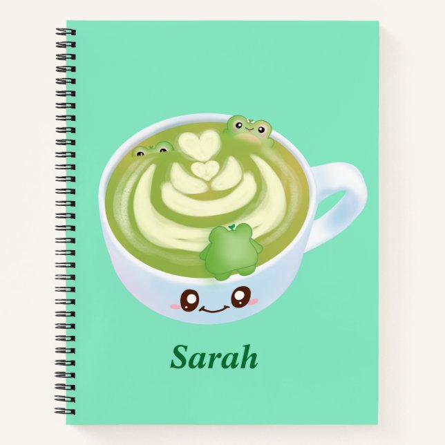 Hot Matcha Green Tea Latte With Cute Frogs Notebook (Front)