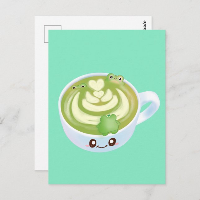 Hot Matcha Green Tea Latte With Cute Frogs Postcard (Front/Back)