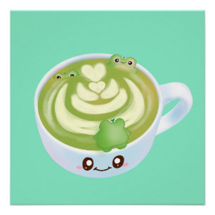 Hot Matcha Green Tea Latte With Cute Frogs Poster