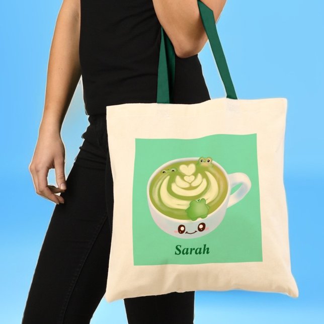 Hot Matcha Green Tea Latte With Cute Frogs Tote Bag (Creator Uploaded)
